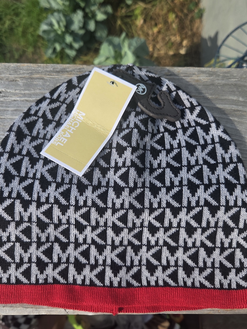 Michael Kors Kids Black & White Logo Beanie with Red Trim